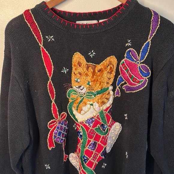 Vintage 80’s Christmas Cat Sweater Knit Embroidered - Picture 2 of 6